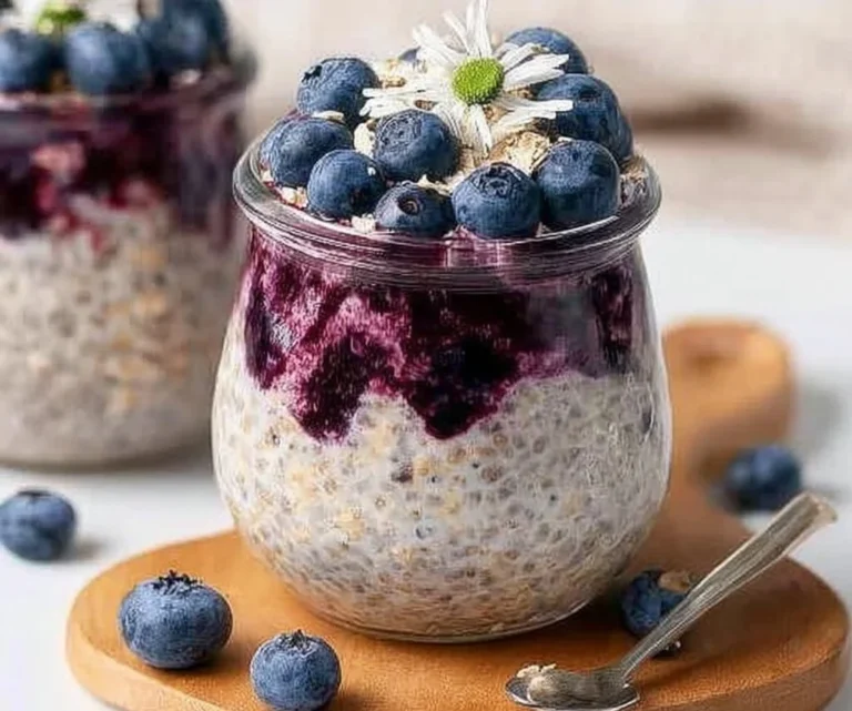 Bowl of blueberry overnight oats topped with fresh blueberries and almonds