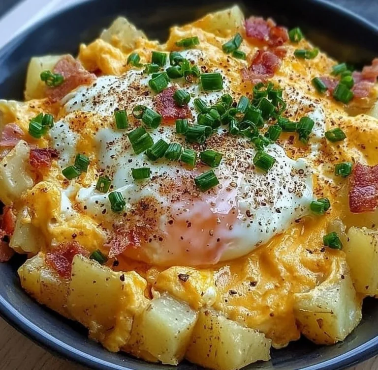 Cheesy Potato Egg Scramble with eggs and potatoes in a skillet