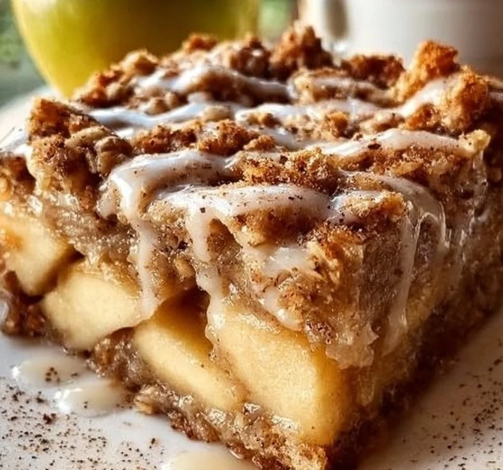 Oatmeal Apple Breakfast Bake 2 Baking dish of oatmeal apple breakfast bake topped with sliced apples and cinnamon.