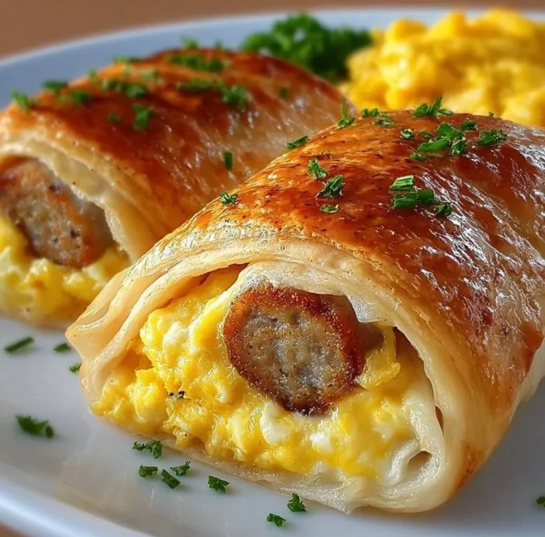 Sausage egg breakfast roll-ups on a plate, a quick breakfast idea.