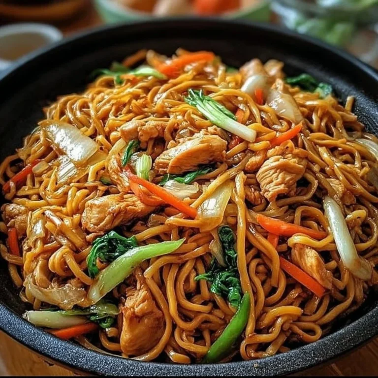 A plate of flavorful Chicken Lo Mein with vegetables and noodles served in a bowl.