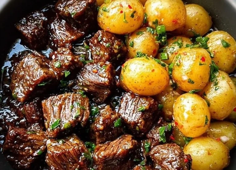 Delicious Garlic Butter Beef Bites served with roasted potatoes