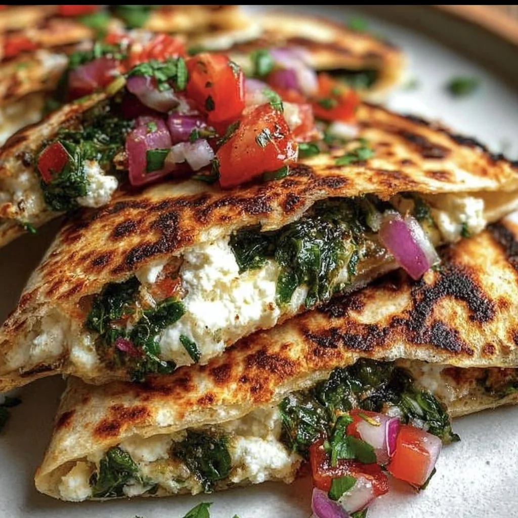 Mediterranean Quesadillas with spinach, feta, mozzarella, and red onion on a plate
