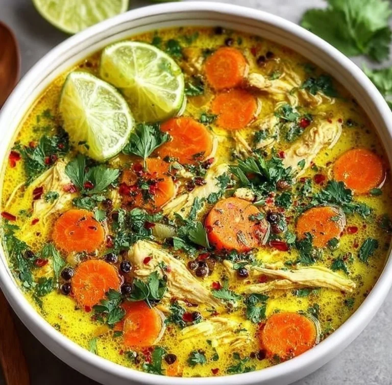 Bowl of anti-inflammatory turmeric chicken soup garnished with fresh herbs