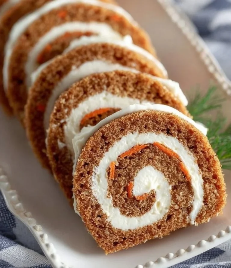 Delicious carrot cake roll with cream cheese frosting, garnished with nuts.