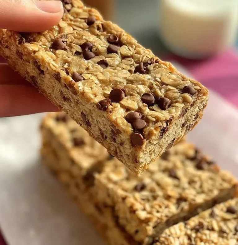 Delicious chocolate chip granola bars stacked on a wooden table