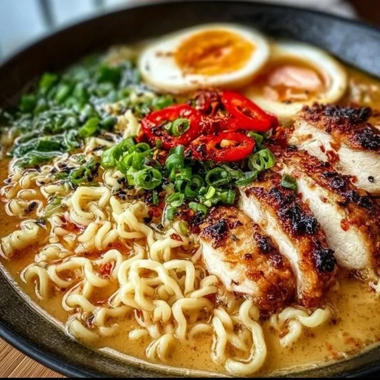 Bowl of creamy garlic chicken ramen garnished with green onions and herbs