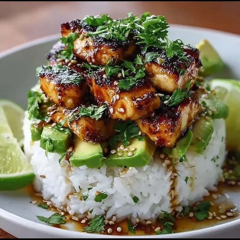 Delicious honey lime chicken with avocado rice stack on a plate