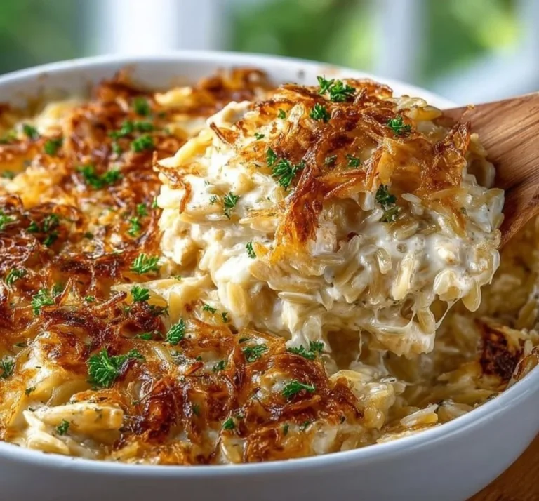 French Onion Chicken Orzo Casserole topped with melted cheese and herbs