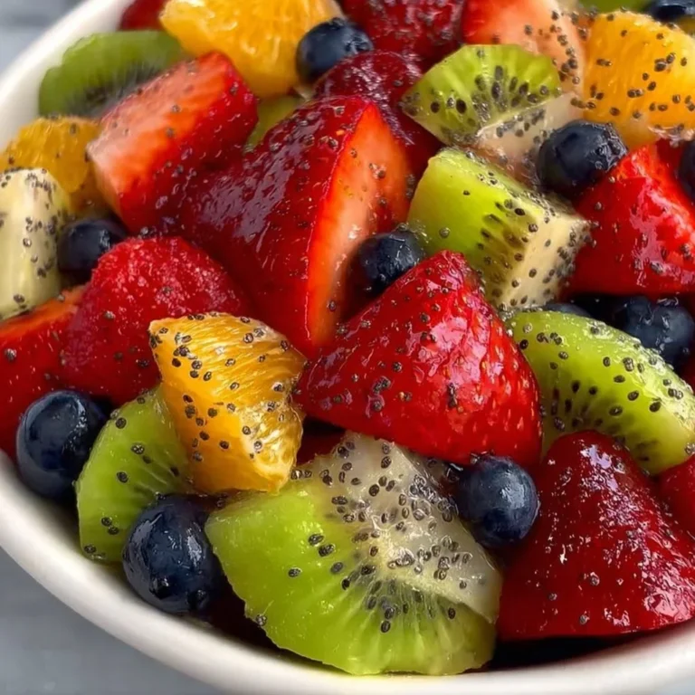Colorful fresh fruit salad with honey lime poppy seed dressing