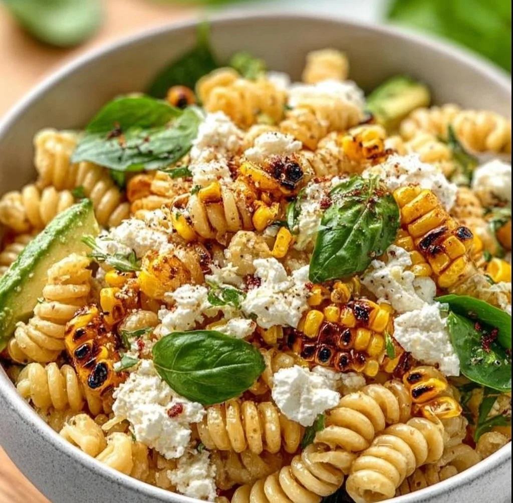 Colorful street corn pasta salad with fresh ingredients and a zesty dressing