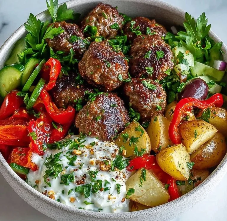 Mediterranean Baked Beef Meatball Bowl with fresh herbs and grains