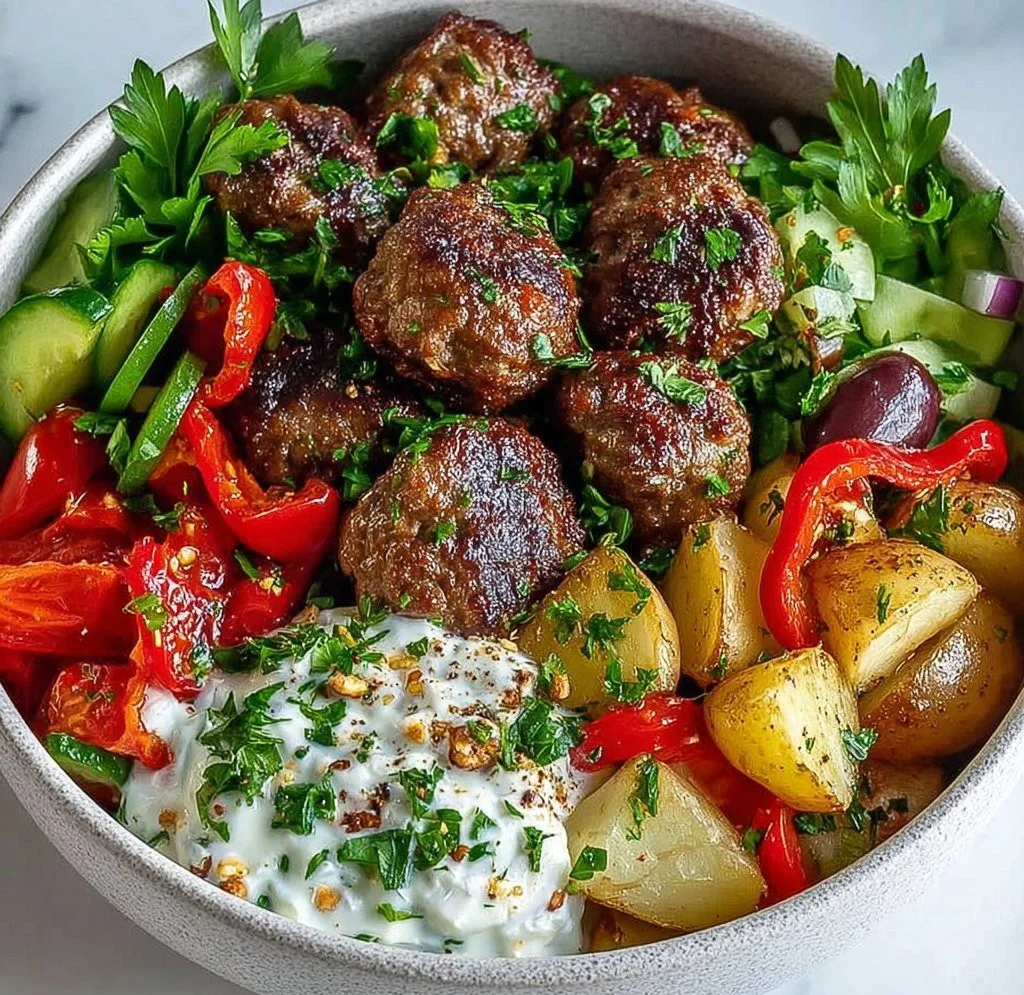 Mediterranean Baked Beef Meatball Bowl with fresh herbs and grains
