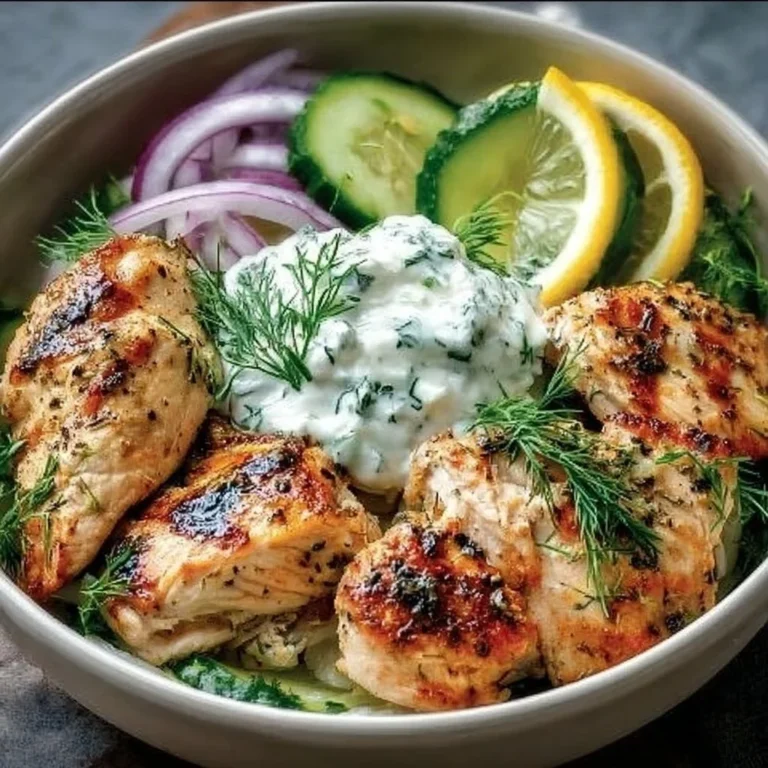Mediterranean Lemon-Dill Chicken Bowls garnished with fresh herbs and lemon slices.