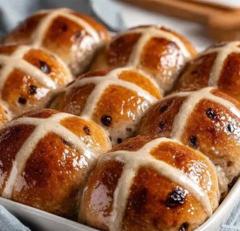 Freshly baked traditional hot cross buns on a wooden surface.