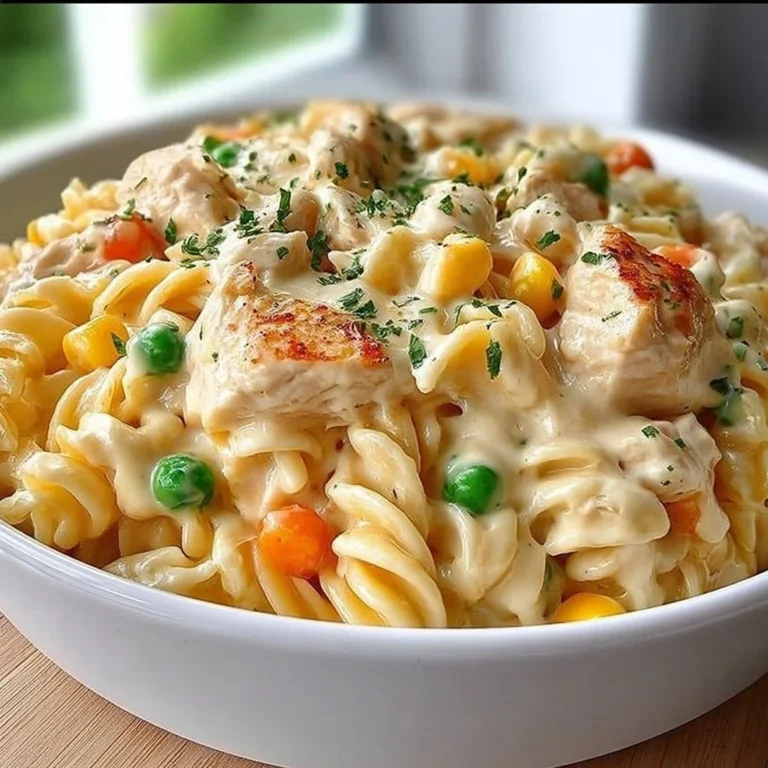 Bowl of Classic Chicken Pot Pie Pasta topped with fresh herbs