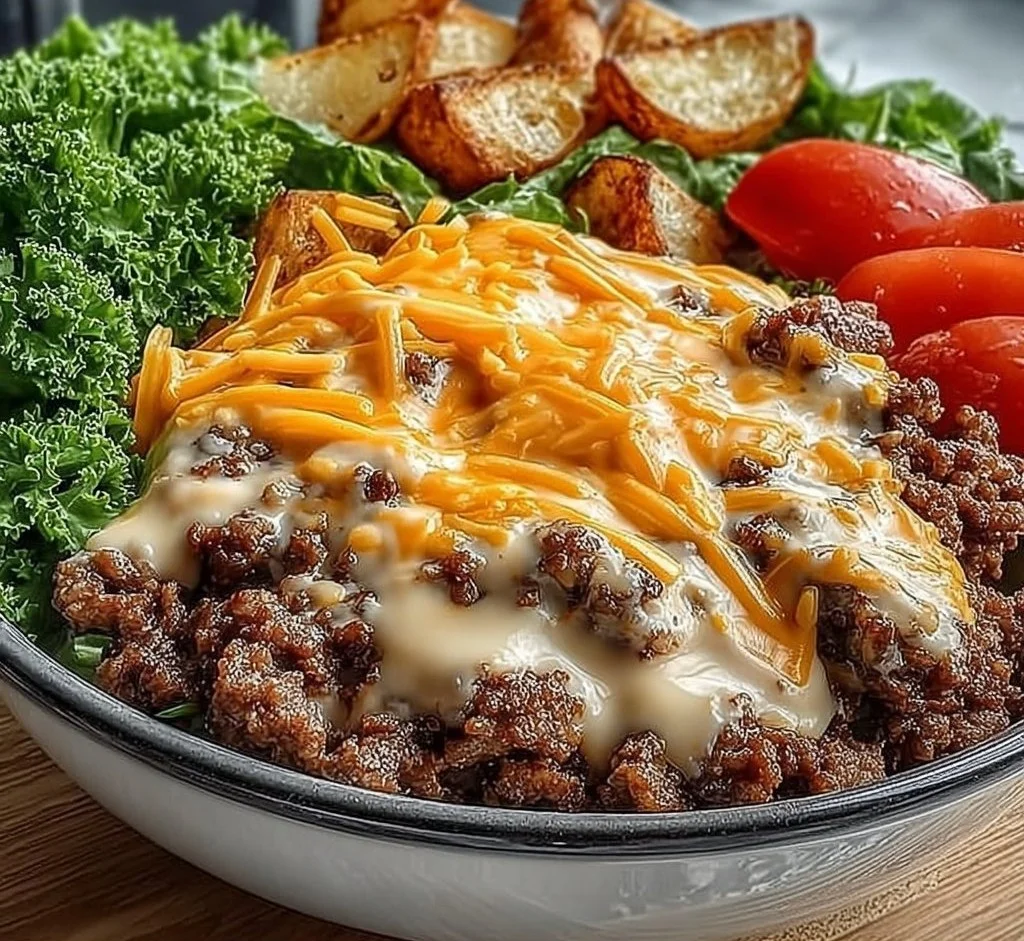 Savory Smash Burger Bowl filled with grilled beef, fresh veggies, and toppings.