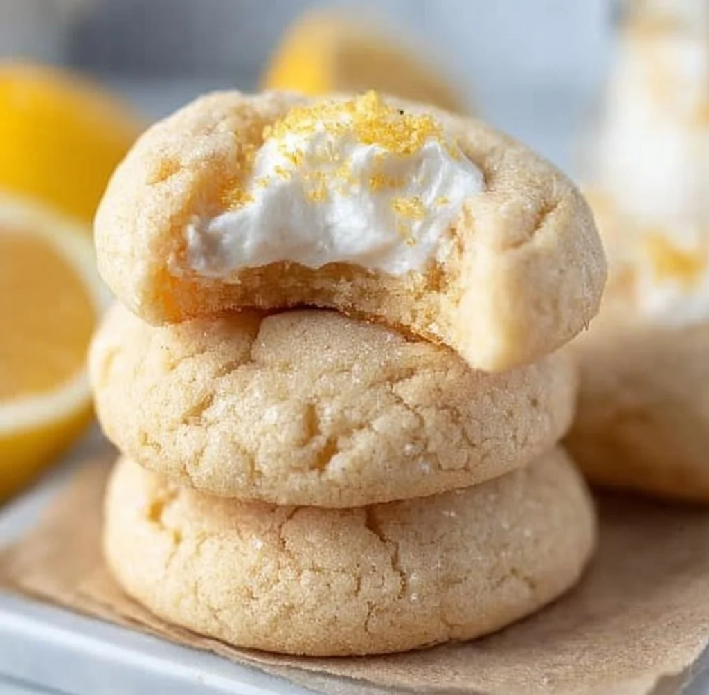 Lemon Cheesecake Cookies 4 Delicious lemon cheesecake cookies topped with icing on a rustic wooden table