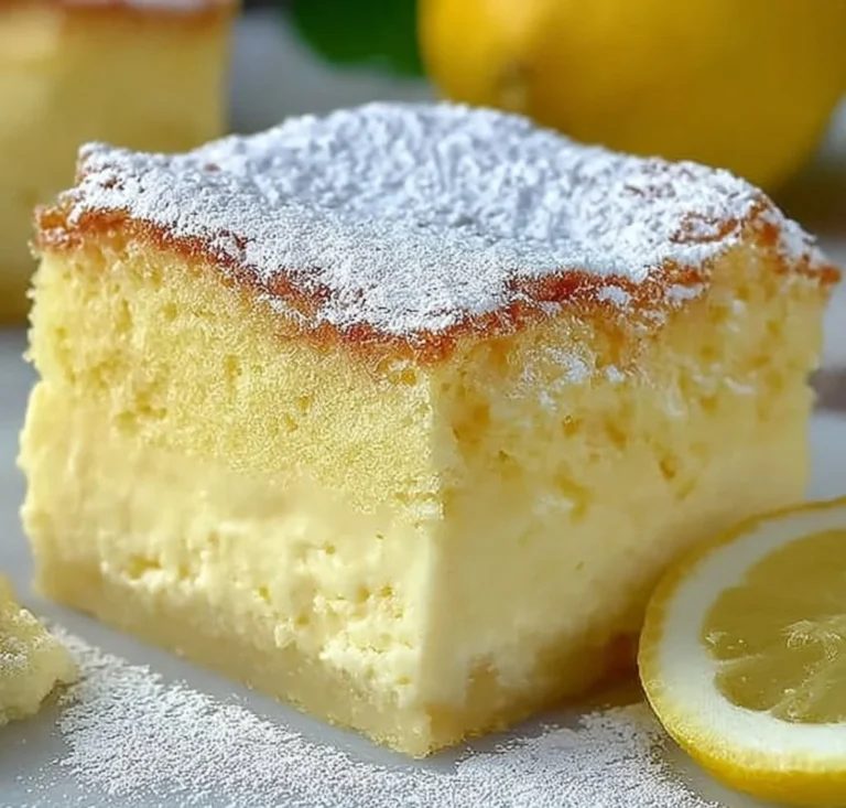 Slice of Magic Lemon Custard Cake with creamy texture and fresh lemon slices