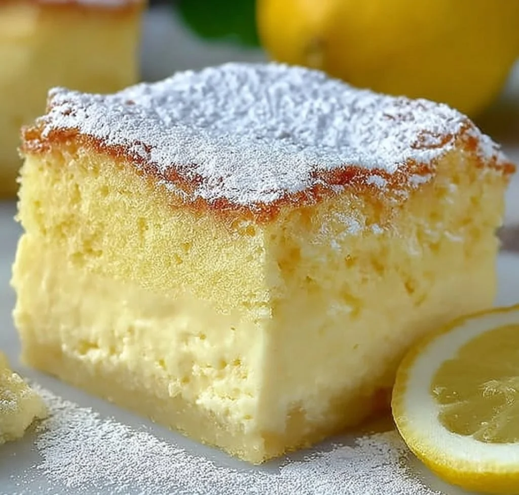 Slice of Magic Lemon Custard Cake with creamy texture and fresh lemon slices