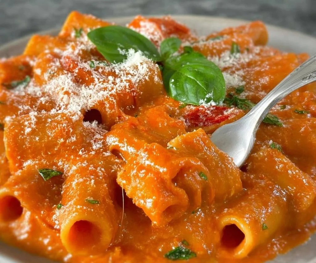 Delicious roasted pepper and tomato pasta served in a bowl