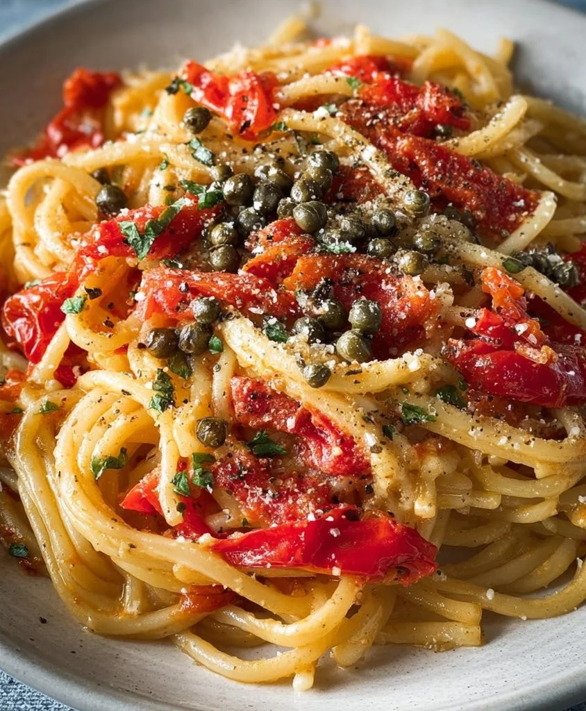 Dish of roasted red pepper pasta served with fresh herbs and parmesan cheese
