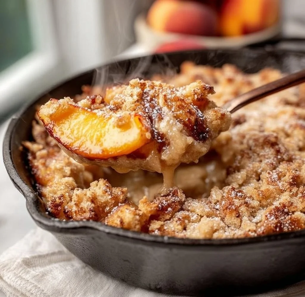 Delicious smoked peach cobbler with golden crust and juicy peaches on a plate