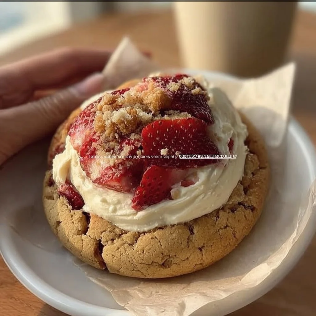 Delicious strawberry cheesecake cookies with creamy frosting and fresh strawberries